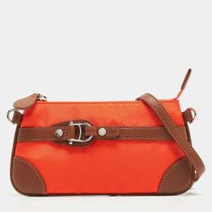 Pre Owned Aigner Orange/Tan Nylon and Leather Buckle Baguette Bag