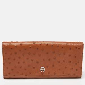 Aigner Tan Ostrich Embossed Leather Flap Continental Wallet