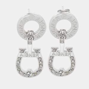 Pre Owned Aigner Logo Crystals Silver Tone Earrings