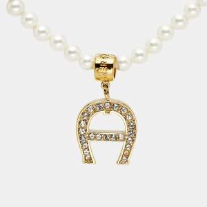 Aigner Logo Faux Pearl Crystal Gold Tone Necklace