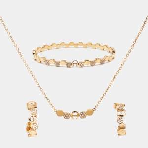 Aigner Crystal Logo Gold Tone Bracelet Earring and Necklace Set