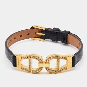 Aigner Crystal Gold Tone Black Lizard Embossed Leather Bracelet