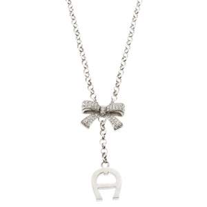 Pre Owned Aigner Crystal Studded Bow Silver Tone Long Toggle Necklace 