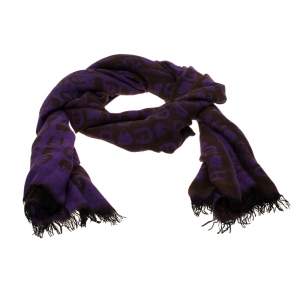 Aigner Brown and Purple Horseshoe Logo and Bag Pattern Jacquard Fringed Scarf