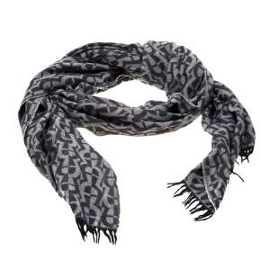 Aigner Black and Grey Logo Pattern Jacquard Fringed Edge Scarf