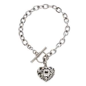 Aigner Silver Plated Crystal Cutwork Heart Charm Toggle Bracelet