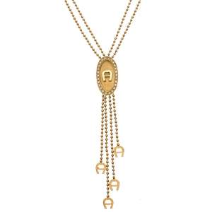 Aigner Gold Plated Crystal Paved Logo Charm Tasseled Necklace
