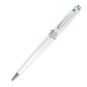 Pre Owned Aigner Pearl White Resin Crystal Heart Charm Silver Tone Ballpoint Pen