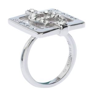Aigner Crystal Studded Silver Tone Square Ring Size 54