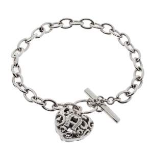 Aigner Silver Tone Crystal Heart Charm Toggle Bracelet