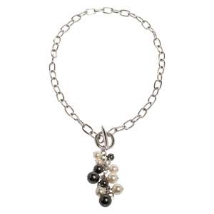 Aigner Silver Tone Faux Pearl Tasseled Necklace