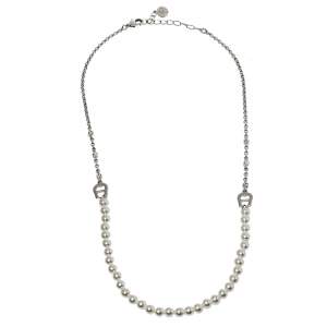 Aigner Crystal & Faux Pearl Silver Tone Necklace