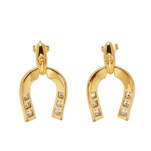 Pre Owned Aigner Horseshoe Crystals Gold Tone Drop Earrings