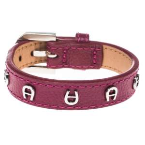 Aigner Pink Leather Silver Tone Logo Wrap Bracelet