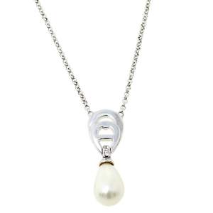 Pre Owned Aigner A-Logo Pearl Crystal Silver Tone Pendant Necklace