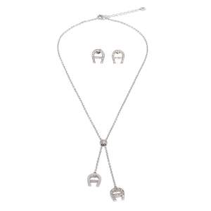 Pre Owned Aigner Crystal Logo Silver Tone Earrings and Necklace Set