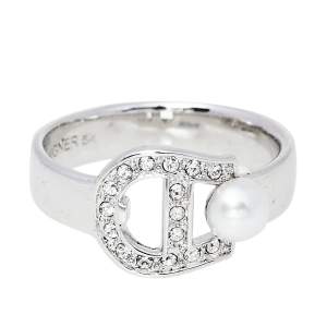 Pre Owned Aigner Silver Tone Crystal Pearl Logo Ring Size EU 54