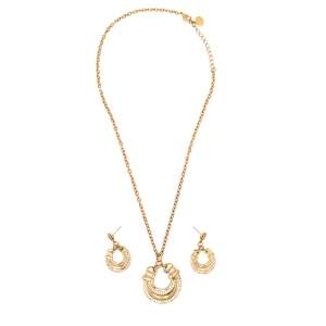 Pre Owned Aigner Gold Tone Crystal Studded Logo Necklace & Earrings Set 
