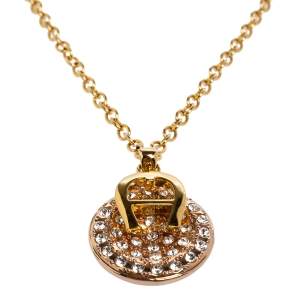 Pre Owned Aigner Logo Crystal Two Tone Metal Pendant Necklace