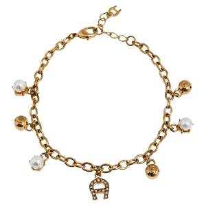 Aigner Gold Tone Faux Pearl Charms Bracelet