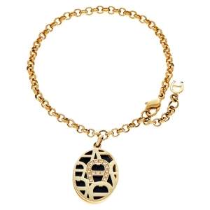Pre Owned Aigner Gold Tone Enamel & Crystal Logo Charm Bracelet
