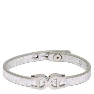 Pre Owned Aigner Silver Leather Silver Tone Logo Bracelet