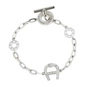 Aigner Silver Tone Crystal Logo Toggle Bracelet
