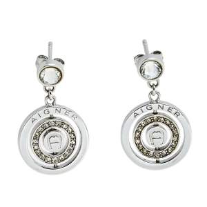 Aigner Silver Tone Crystal Logo Drop Earrings