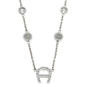 Aigner Silver Tone Crystal Logo Pendant Station Necklace