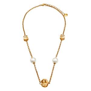 Pre Owned Aigner Logo Bar Faux Pearls Gold Tone Metal Necklace