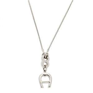 Aigner Logo Silver Tone Metal Pendant Necklace