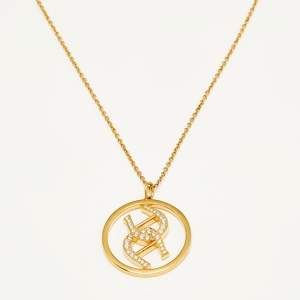 Pre Owned Aigner Double-A Logo Crystal Gold Tone Metal Circular Pendant Necklace