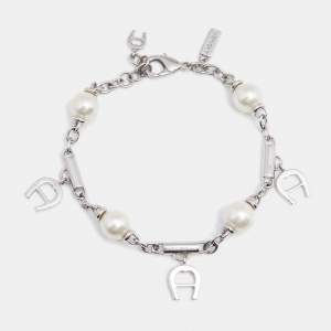 Pre Owned Aigner Silver Tone Logo Charms Pearl Station Bracelet
