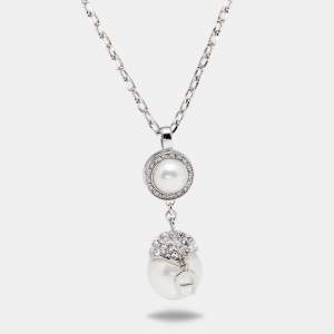 Pre Owned Aigner Silver Tone Crystal & Pearl Drop Necklace