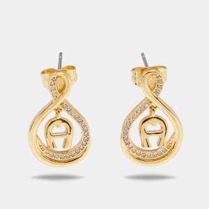 Pre Owned Aigner Gold Tone Crystal Logo Drop Earrings