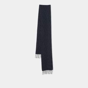 Aigner Black and Grey Wool Horseshoe Logo Fringed Scarf