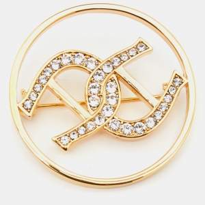 Pre Owned Aigner Gold Tone Double Crystal Logo Pin Brooch