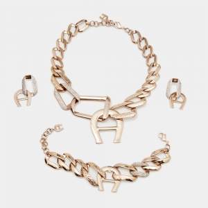 Pre Owned Aigner Pisa Crystals Rose Gold Tone Bracelet Necklace and Earring Set