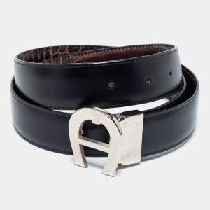 Pre Owned Aigner Black/Dark Brown Croc Embossed and Leather Logo Reversible Cut To Size Belt 