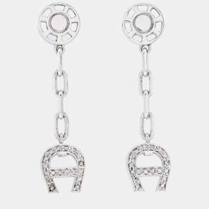 Pre Owned Aigner Silver Tone Crystal Logo Drop Earrings