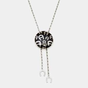 Pre Owned Aigner Silver Tone Round Logo & Horseshoe Charm Chain Necklace 