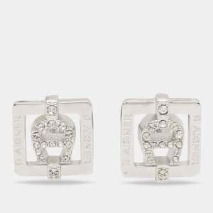 Aigner Silver Tone Crystal Square Stud Earrings
