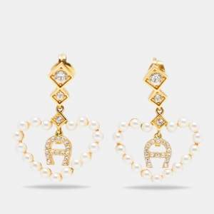 Aigner Faux Pearl Heart Crystal Gold Tone Drop Earrings