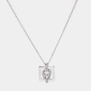 Aigner Silver Tone Square Crystal Logo Pendant Necklace