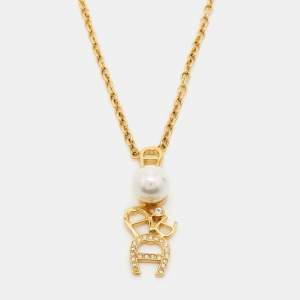 Aigner Crystal Faux Pearl Gold Tone Necklace