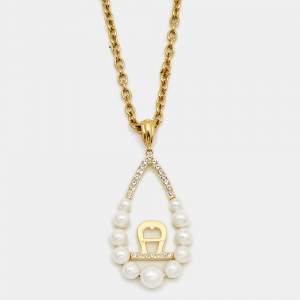 Aigner Faux Pearl Crystal Gold Tone Pendant Necklace