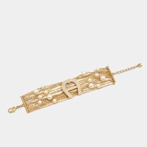 Aigner Capri Faux Pearl & Crystal Logo Gold Tone Bracelet