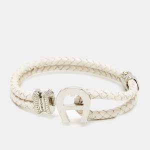 Aigner Braided Leather Silver Tone Bracelet