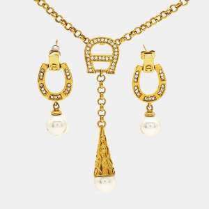 Aigner Crystal Faux Pearl Gold Tone Necklace Set