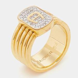 Aigner Gold Tone Crystal Logo Band Ring Size EU 54